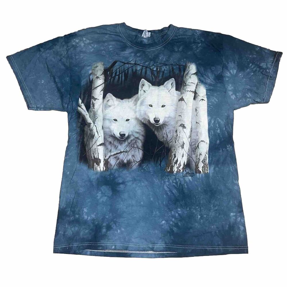 Vintage The Mountain T-Shirt 1999 Wolf White Wolves Cotton Blue Tie Dye Mens L